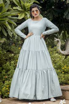 Sky-blue foilage print silk blend Designer gown