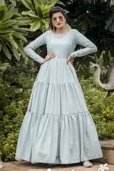 Sky-blue foilage print silk blend Designer gown