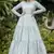 Sky-blue foilage print silk blend Designer gown