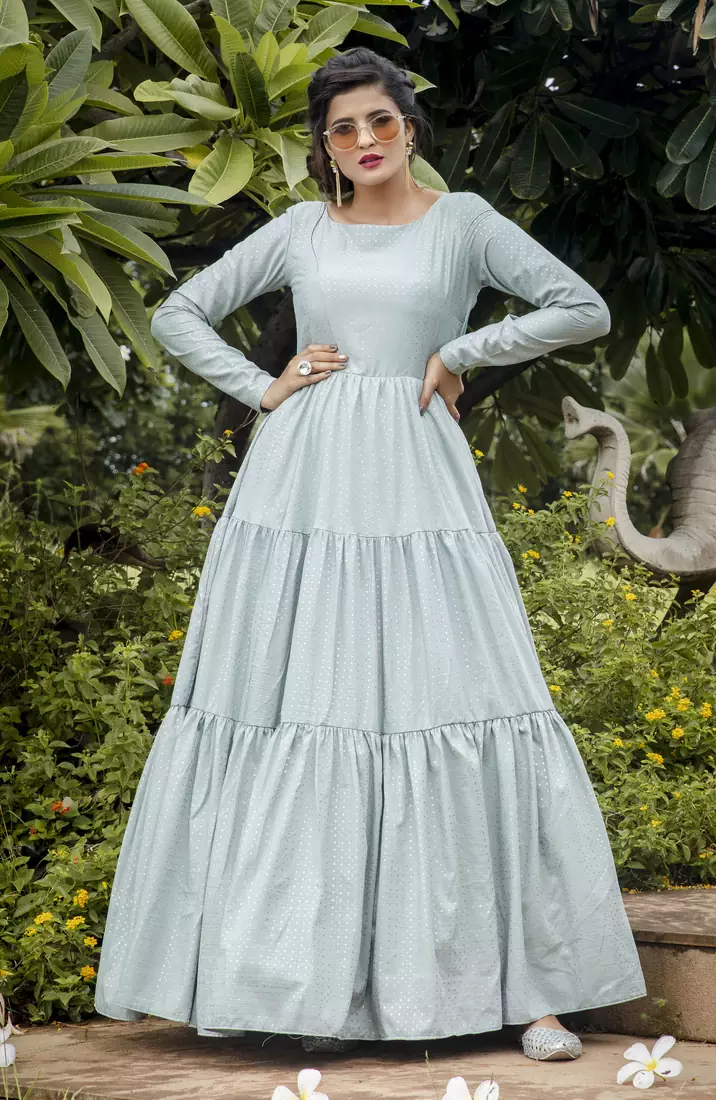Sky-blue foilage print silk blend Designer gown