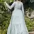 Sky-blue foilage print silk blend Designer gown