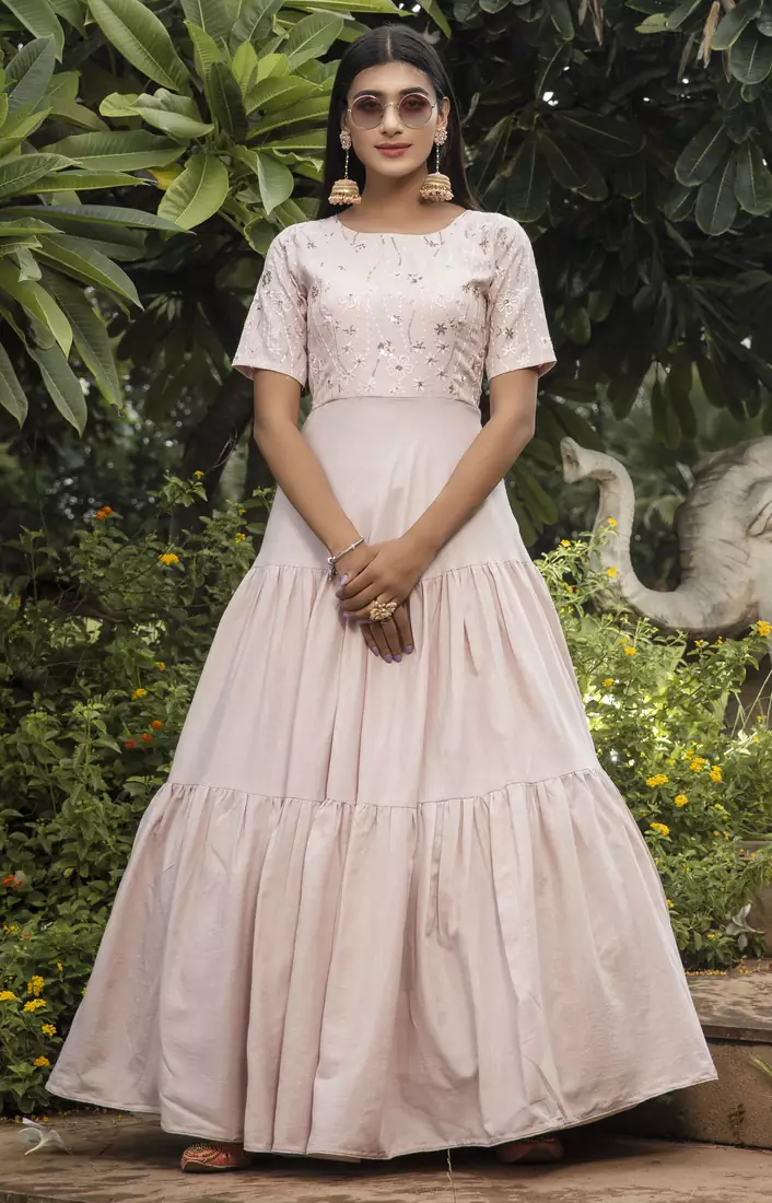 Pink thread embroidery cotton Designer gown