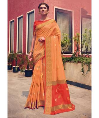 Sangam Prints Orange Cotton Handloom Woven Work Traditional Saree 1