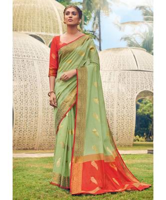 Sangam Prints Green Cotton Handloom Woven Work Traditional Saree 1