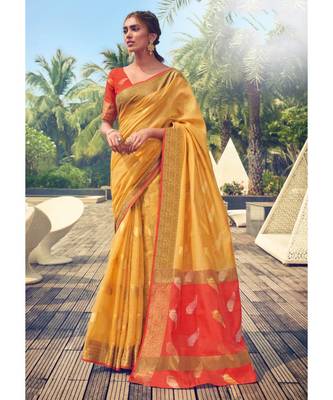Sangam Prints Yellow Cotton Handloom Woven Work Traditional Saree 1