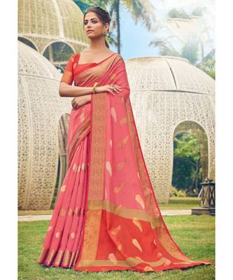 Sangam Prints Pink Cotton Handloom Woven Work Traditional Saree 1