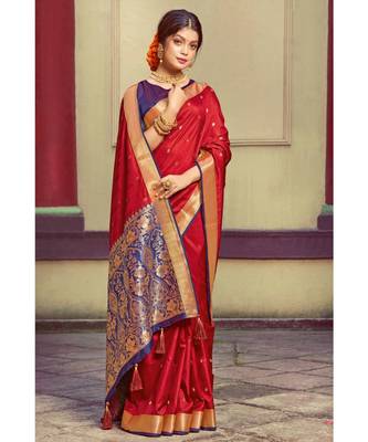 Sangam Prints Red Handloom Silk Woven Work Traditional Saree 1