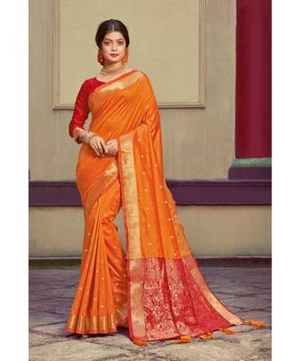 Sangam Prints Orange Handloom Silk Woven Work Traditional Saree 1