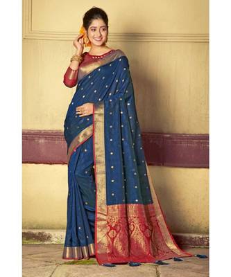Sangam Prints Navy Blue Handloom Silk Woven Work Traditional Saree 1