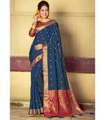 Sangam Prints Navy Blue Handloom Silk Woven Work Traditional Saree
