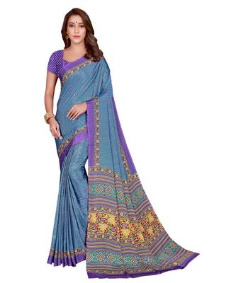 Sangam Prints Blue Silk Crepe Printed Traditional Saree 1