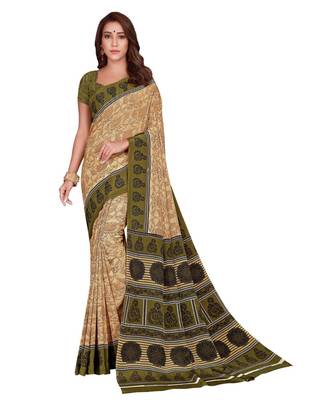 Sangam Prints Beige Crepe Printed Traditional Saree 1