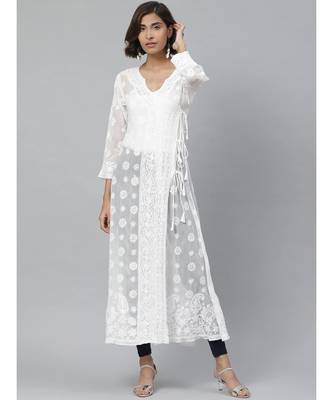 Ada Hand Embroidered White Georgette Lucknowi Chikankari Women Angrakha Kurta - A595140 1