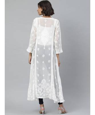 Ada Hand Embroidered White Georgette Lucknowi Chikankari Women Angrakha Kurta - A595140 2