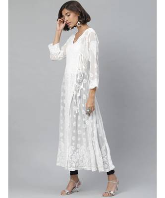 Ada Hand Embroidered White Georgette Lucknowi Chikankari Women Angrakha Kurta - A595140 3