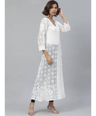 Ada Hand Embroidered White Georgette Lucknowi Chikankari Women Angrakha Kurta - A595140 4