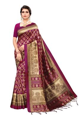 Wine printed art silk saree with blouse 1