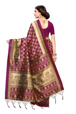 Wine printed art silk saree with blouse 2