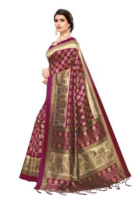Wine printed art silk saree with blouse 3