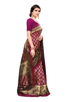 Wine printed art silk saree with blouse 4