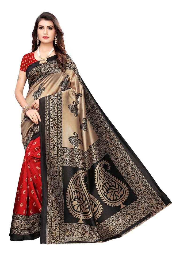 Black printed art silk saree with blouse