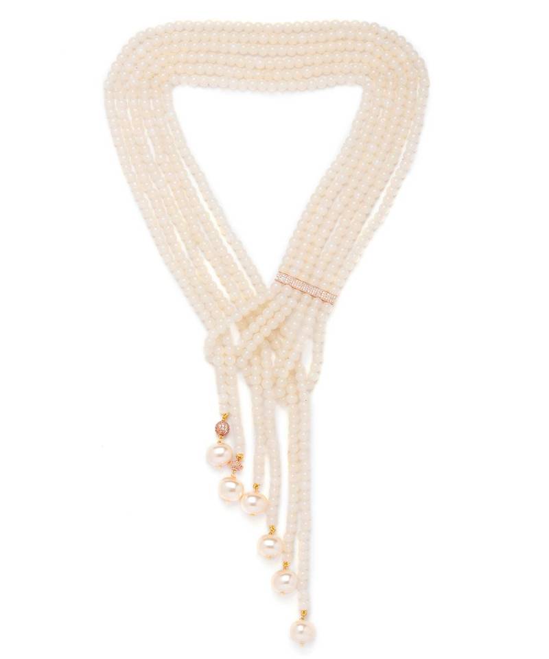 Brownish-white agate beads with Swarovski shell pearls.