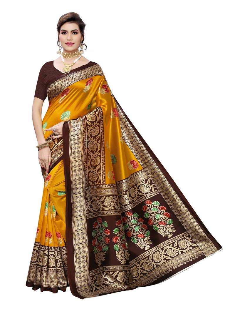 Multicolor printed poly silk saree with blouse