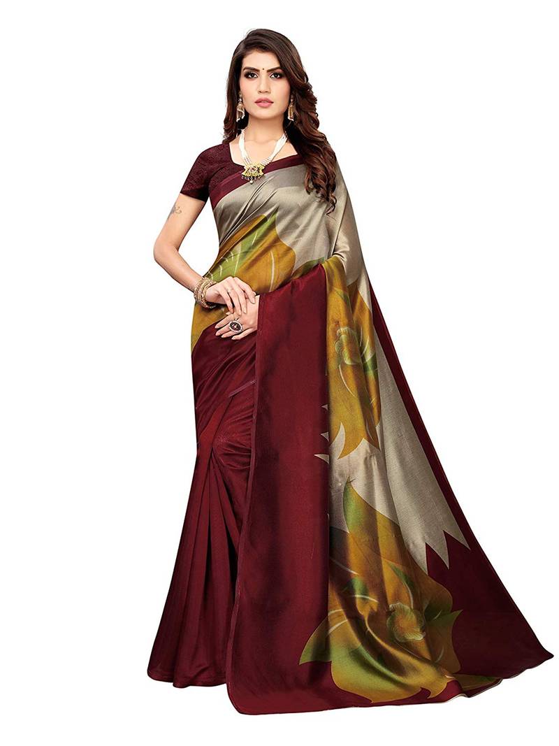 Multicolor printed poly silk saree with blouse