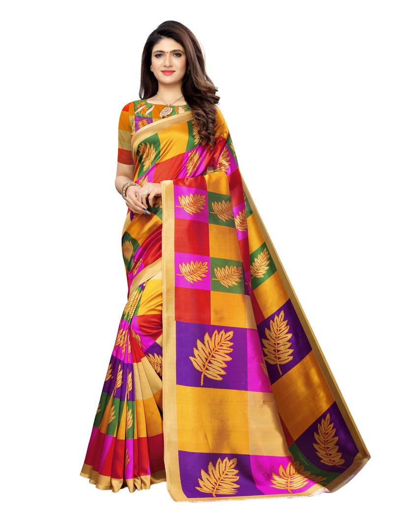 Multicolor printed poly silk saree with blouse