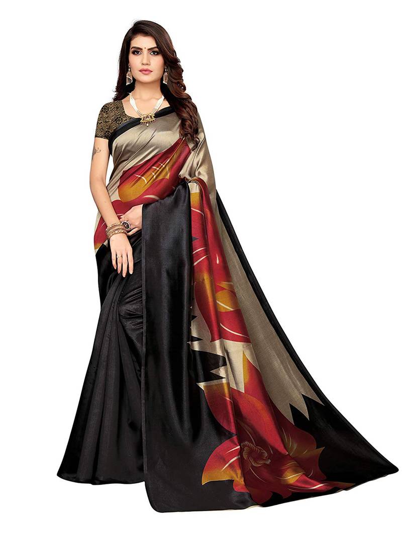 Multicolor printed poly silk saree with blouse