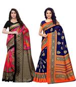 Multicolor printed poly silk saree with blouse