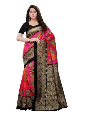 Multicolor printed poly silk saree with blouse 2