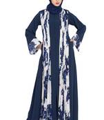 Floral Print-Front Open Designer Dress Abaya-Blue-White