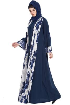 Floral Print-Front Open Designer Dress Abaya-Blue-White 2