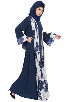 Floral Print-Front Open Designer Dress Abaya-Blue-White 3