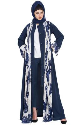 Floral Print-Front Open Designer Dress Abaya-Blue-White 4