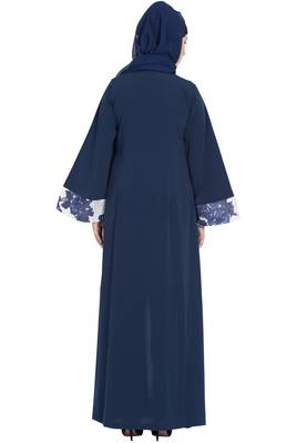 Floral Print-Front Open Designer Dress Abaya-Blue-White 5