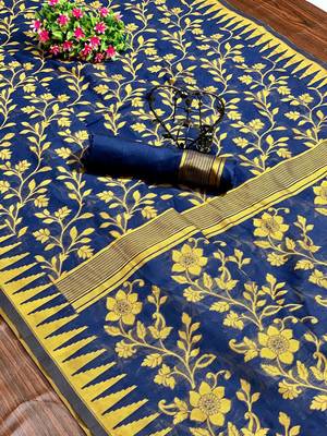 Yellow woven cotton saree with blouse 1