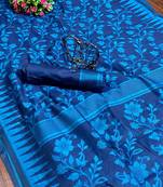 Blue woven cotton saree with blouse
