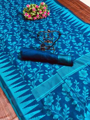 Blue woven cotton saree with blouse 1