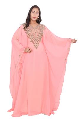 new peach georgette moroccan islamic dubai kaftan farasha zari and stone work dress 1