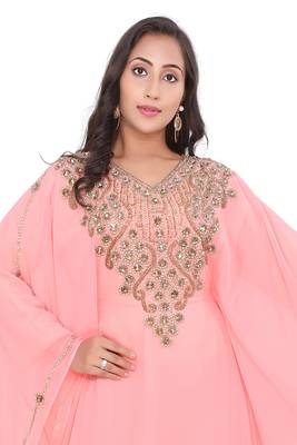 new peach georgette moroccan islamic dubai kaftan farasha zari and stone work dress 2