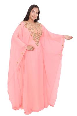 new peach georgette moroccan islamic dubai kaftan farasha zari and stone work dress 3