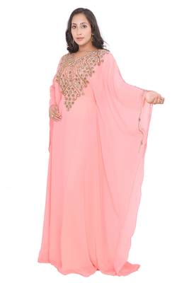 new peach georgette moroccan islamic dubai kaftan farasha zari and stone work dress 4