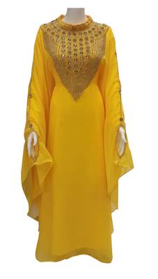 new yellow georgette moroccan islamic dubai kaftan farasha Aari and stone work  1