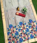 Beige woven cotton silk saree with blouse