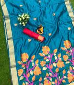 Blue woven cotton silk saree with blouse