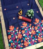 Navy blue woven cotton silk saree with blouse