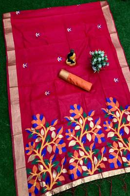 Red woven cotton silk saree with blouse 1