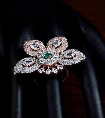 Emerald Embellished Rose Gold Plated Designer American Diamond Finger Ring FR15 1